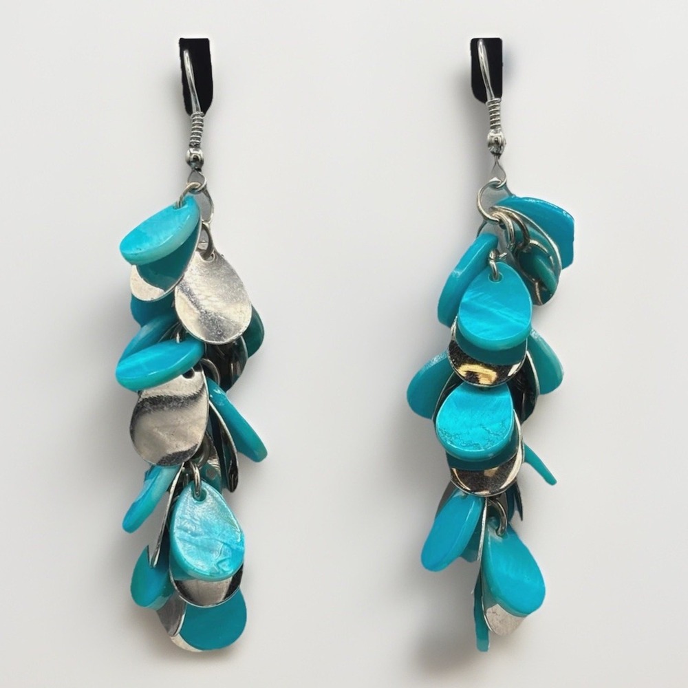 Vintage Turquoise Shell Cluster Dangle Earrings Boho Beach Statement